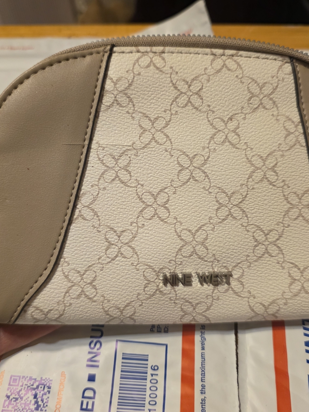 Nine West Cream and Taupe Patterned Cosmetic Pouch